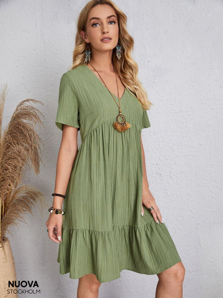 Jade™ - Plisserad Volangklänning För Kvinnor Casual V - Ringning Grön / S Kläder Och Accessoarer